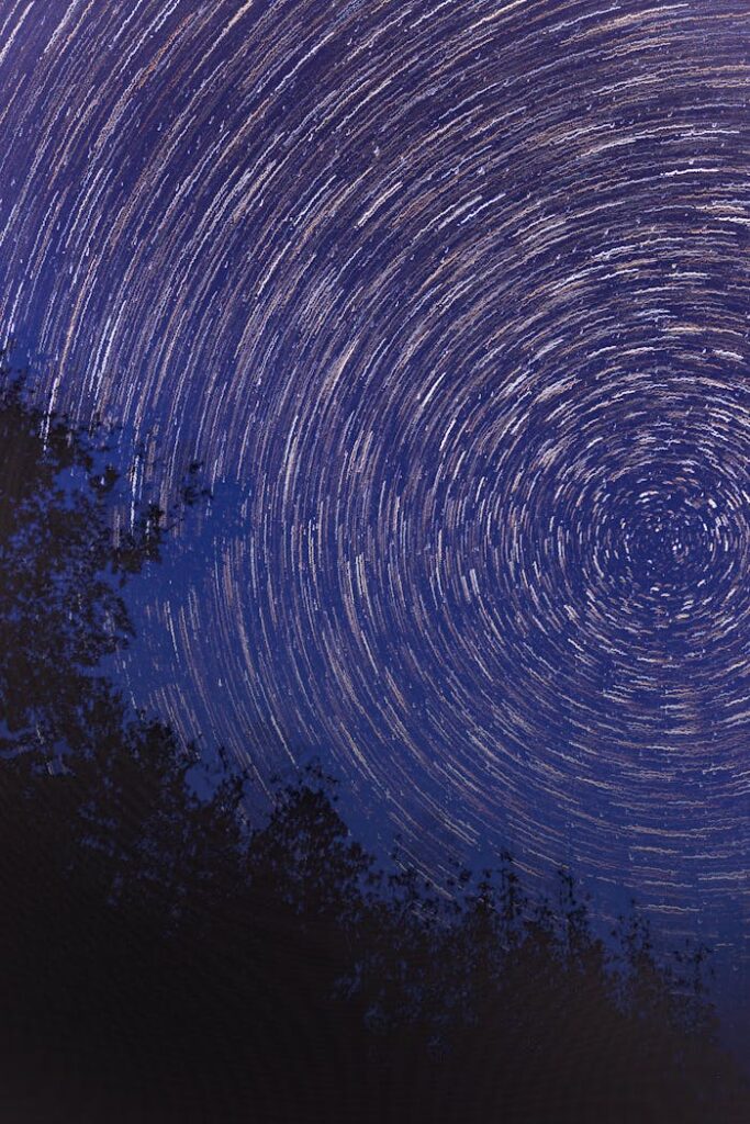 Captivating star trails spiral in a clear night sky above a forest silhouette.
