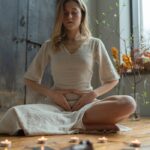 A woman meditates with candles, creating a peaceful ritual atmosphere indoors.